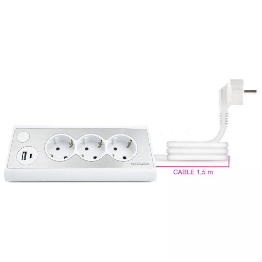 Regleta con Interruptor Nanocable 10.37.0013-W/ 3 Tomas de Corriente/ 1 USB/ 1 USB Tipo-C/ Cable 1.5m/ Blanca
