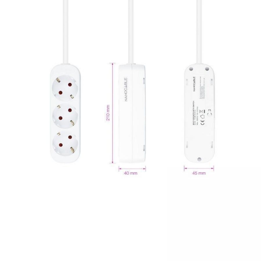 Regleta Nanocable 10.38.0003-NS/ 3 Tomas de Corriente/ Cable 1.4m/ Blanca