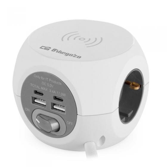 Regleta Orbegozo EN 4500 con Carga inalámbrica 3 Tomas de corriente 2 USB A - 2 USB Tipo C Blanca y Gris