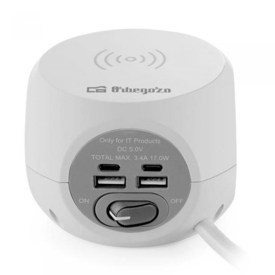 Regleta Orbegozo EN 4500 con Carga inalámbrica/ 3 Tomas de corriente/ 2 USB - 2 USB Tipo C/ Cable 1.5m/ Blanca y Gris