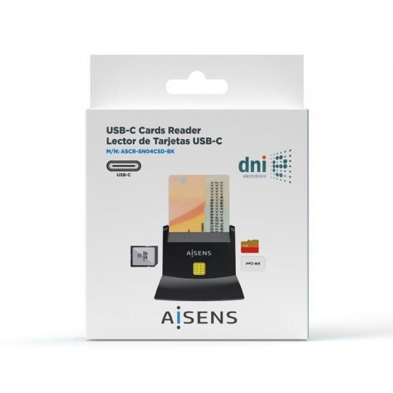 Lector de DNI y Tarjetas Aisens ASCR-SN04CSD-BK/ USB Tipo-C/ Negro