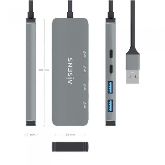 Hub USB 3.2 Aisens A106-0696/ 2xUSB/ 2xUSB Tipo-C/ Gris