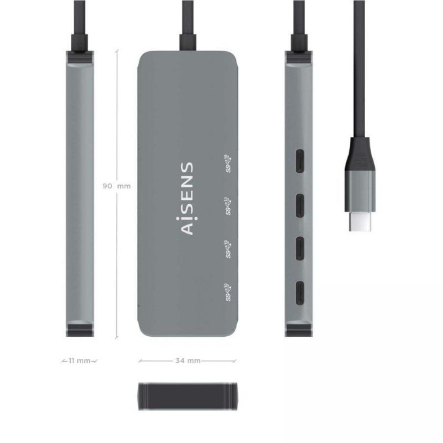 Hub USB Tipo-C Aisens A109-0695/ 4xUSB Tipo-C/ Gris