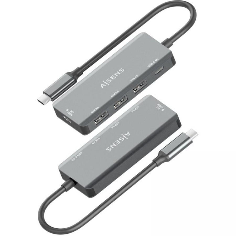 Hub USB Tipo-C Aisens A109-0945/ 3xUSB/ 1xUSB Tipo-C/ 1xUSB Tipo-C PD/ Gris