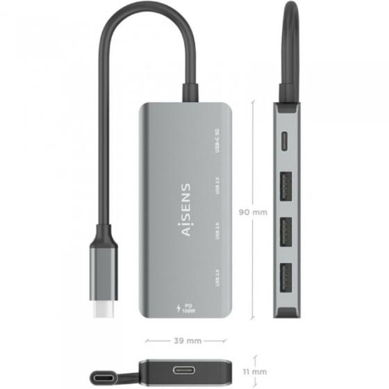 Hub USB Tipo-C Aisens A109-0945/ 3xUSB/ 1xUSB Tipo-C/ 1xUSB Tipo-C PD/ Gris