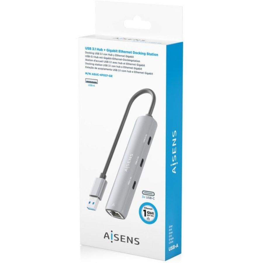 Hub USB Aisens ASUC-4P037-GR/ 3xUSB Tipo-C/ 1xRJ45/ Gris