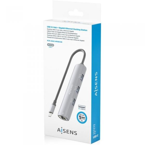 Hub USB Tipo-C Aisens ASUC-4P038-GR/ 3xUSB/ 1xRJ45/ Gris
