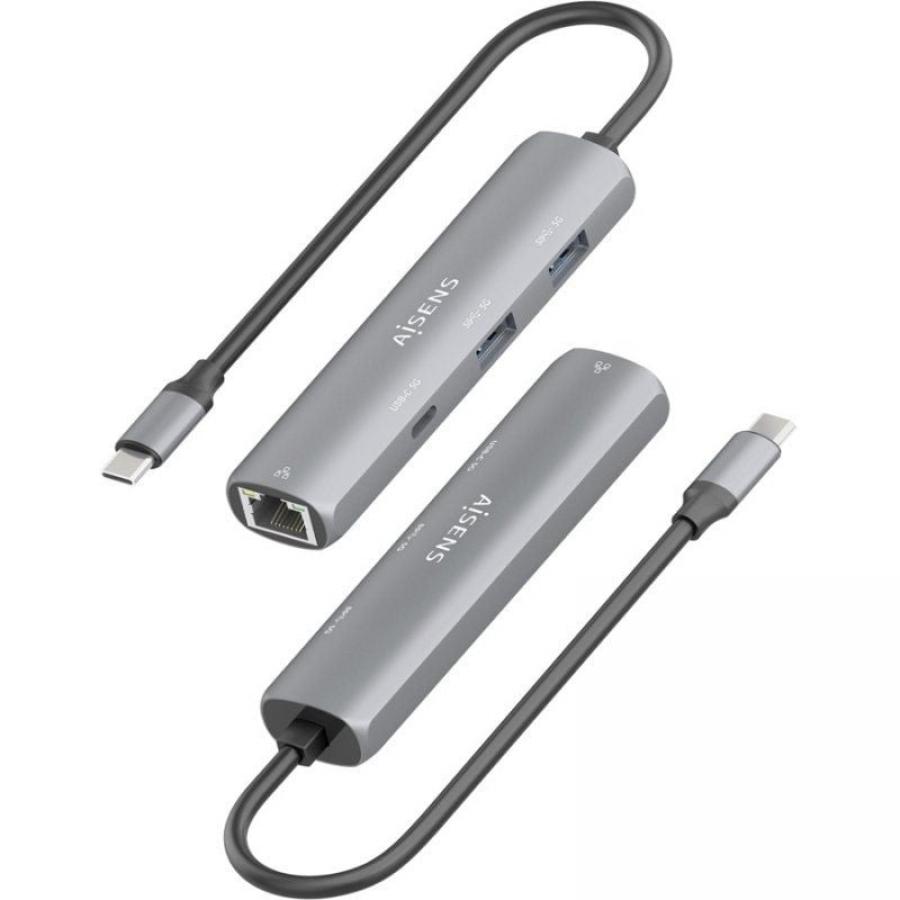 Hub USB Tipo-C Aisens ASUC-4P039-GR/ 1xUSB Tipo-C/ 2xUSB/ 1xRJ45/ Gris