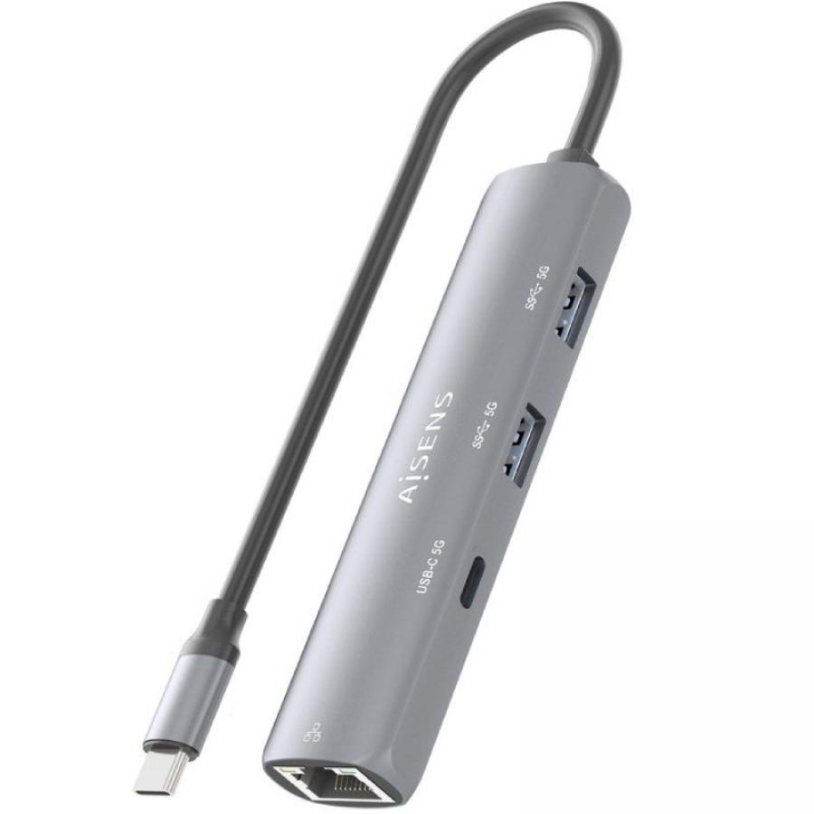 Hub USB Tipo-C Aisens ASUC-4P039-GR/ 1xUSB Tipo-C/ 2xUSB/ 1xRJ45/ Gris