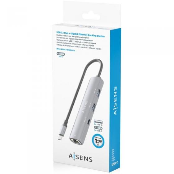Hub USB Tipo-C Aisens ASUC-4P039-GR/ 1xUSB Tipo-C/ 2xUSB/ 1xRJ45/ Gris