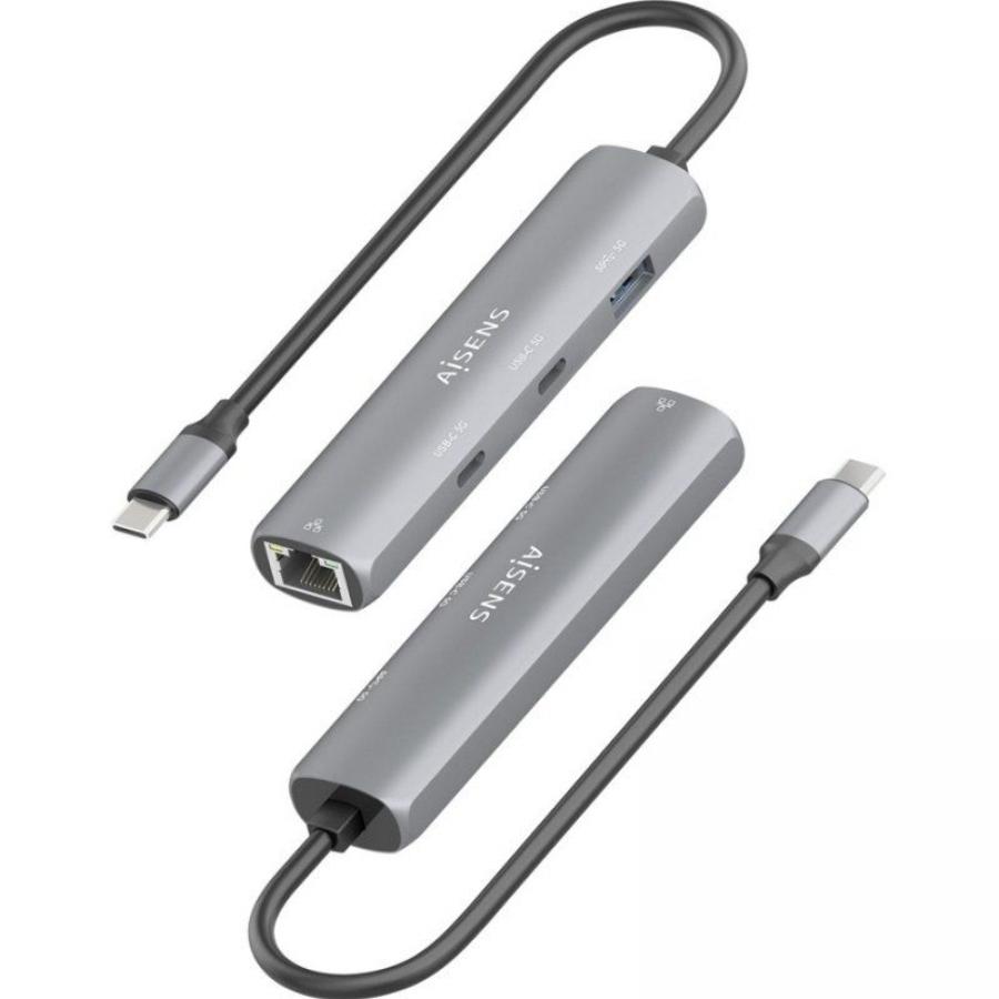 Hub USB Tipo-C Aisens ASUC-4P040-GR/ 2xUSB Tipo-C/ 1xUSB/ 1xRJ45/ Gris