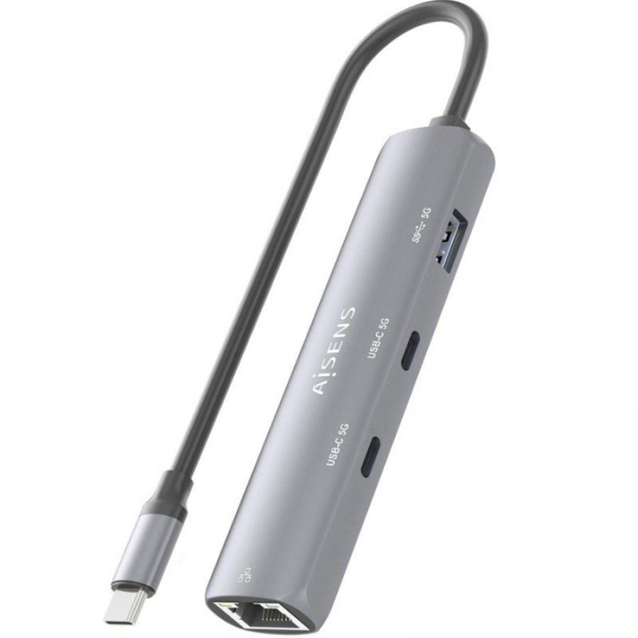 Hub USB Tipo-C Aisens ASUC-4P040-GR/ 2xUSB Tipo-C/ 1xUSB/ 1xRJ45/ Gris