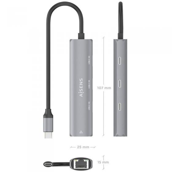 Hub USB Tipo-C Aisens ASUC-4P041-GR/ 3xUSB Tipo-C/ 1xRJ45/ Gris