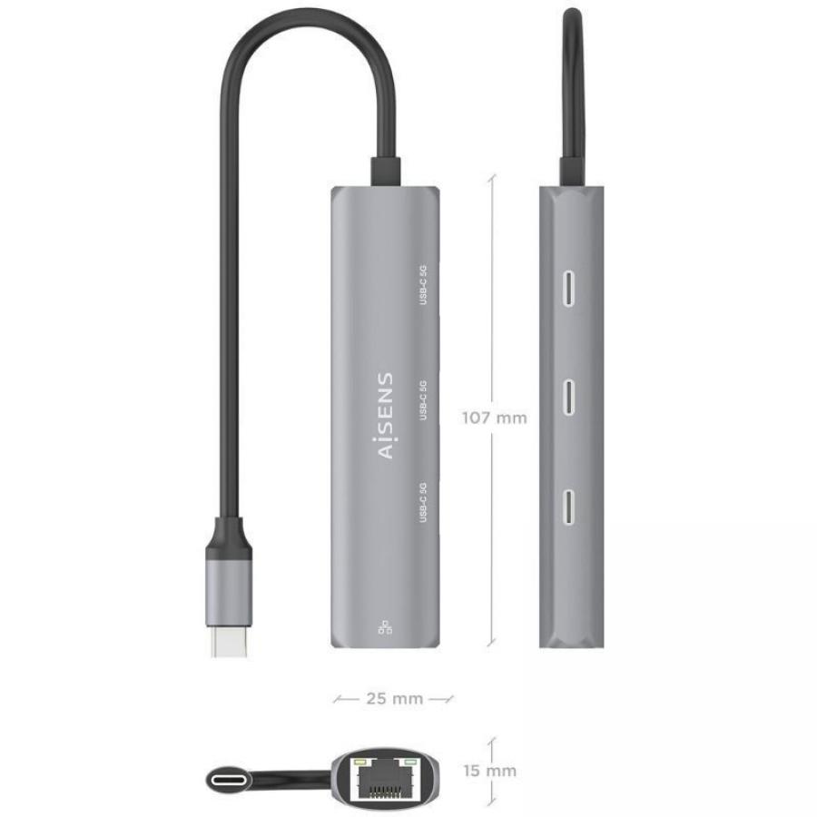 Hub USB Tipo-C Aisens ASUC-4P041-GR/ 3xUSB Tipo-C/ 1xRJ45/ Gris