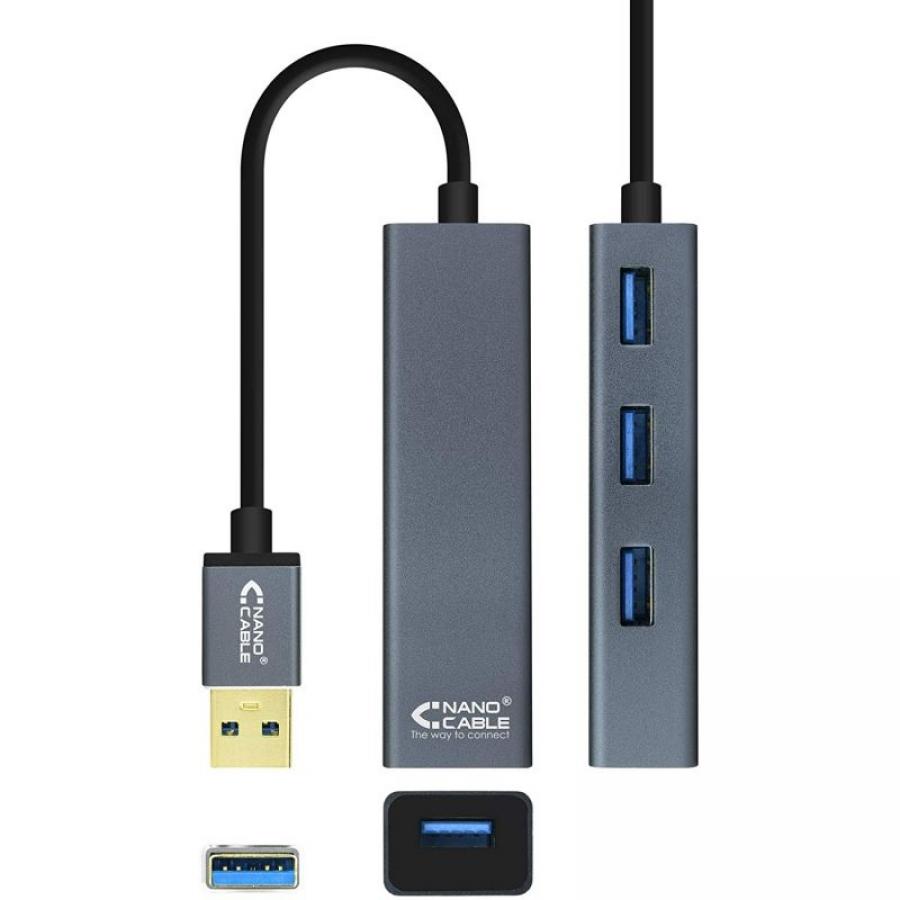Hub USB 3.0 Nanocable 10.16.4402/ 4xUSB/ Gris