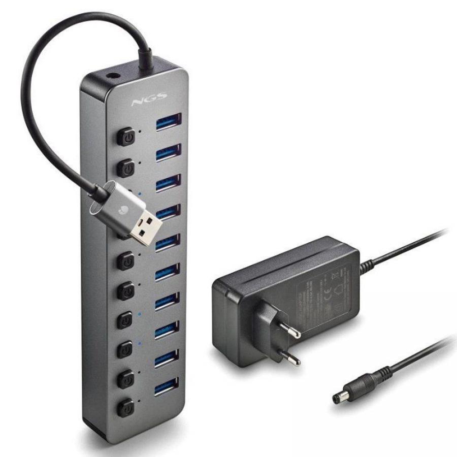 Hub USB NGS IHUB10/ 10xUSB 3.0/ Gris