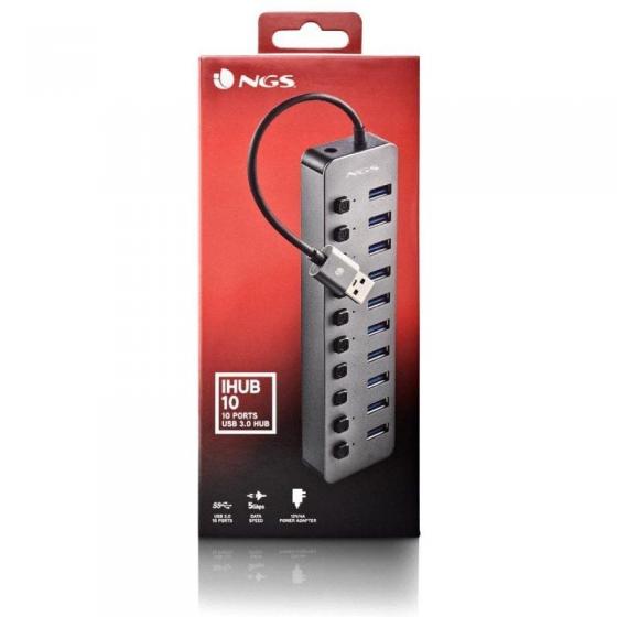 Hub USB NGS IHUB10/ 10xUSB 3.0/ Gris