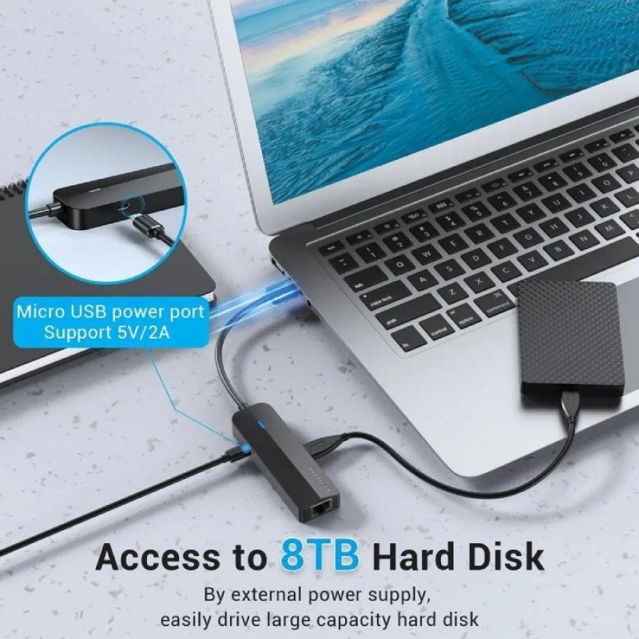 Hub USB 2.0 Vention CHPBB/ 3xUSB/ 1xMicro USB PD/ 1xRJ45