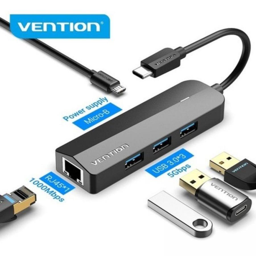 Hub USB Tipo-C Vention TGPBB/ 3xUSB/ 1xRJ45/ 1xMicro B PD