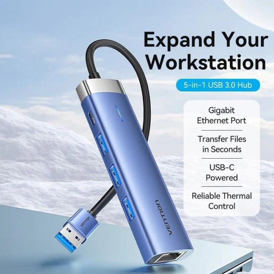 Hub USB 3.0 Vention TGFSB/ 3xUSB/ 1xRJ45/ 1xUSB Tipo-C PD/ Azul