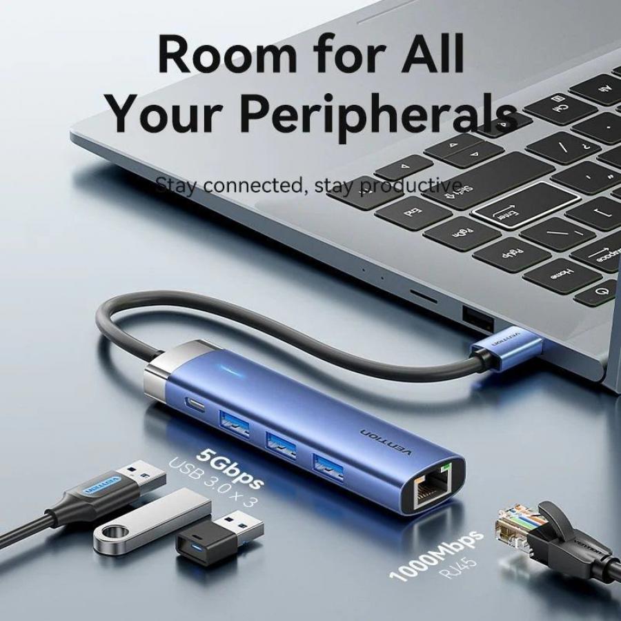 Hub USB 3.0 Vention TGFSB/ 3xUSB/ 1xRJ45/ 1xUSB Tipo-C PD/ Azul