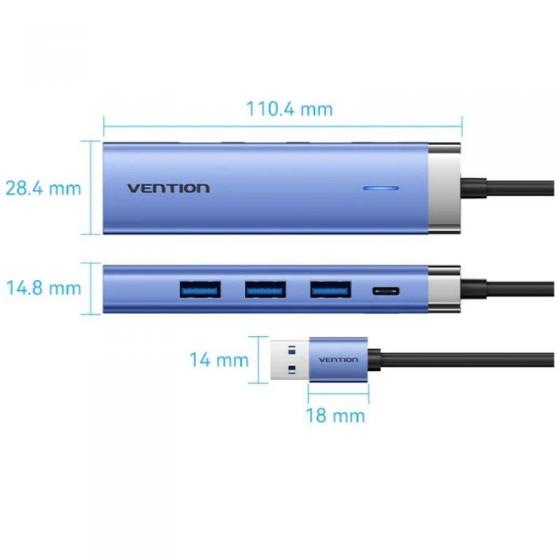 Hub USB 3.0 Vention TGFSB/ 3xUSB/ 1xRJ45/ 1xUSB Tipo-C PD/ Azul