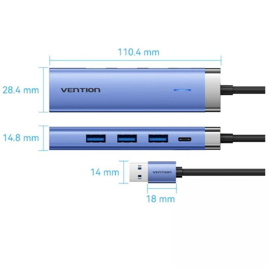 Hub USB 3.0 Vention TGFSB/ 3xUSB/ 1xRJ45/ 1xUSB Tipo-C PD/ Azul