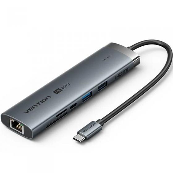 Hub USB Tipo-C 3.2 Vention TGVHB/ 2xUSB/ 1xUSB Tipo-C PD/ 1xUSB Tipo-C/ 1xRJ45/ 1xLector de Tarjetas/ 1xJack 3.5mm/ 1xHDMI/ 15cm