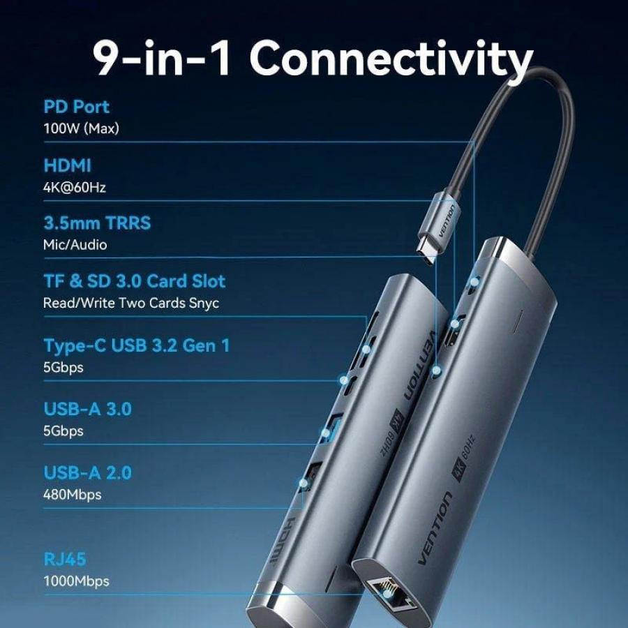 Hub USB Tipo-C 3.2 Vention TGVHB/ 2xUSB/ 1xUSB Tipo-C PD/ 1xUSB Tipo-C/ 1xRJ45/ 1xLector de Tarjetas/ 1xJack 3.5mm/ 1xHDMI/ Gris