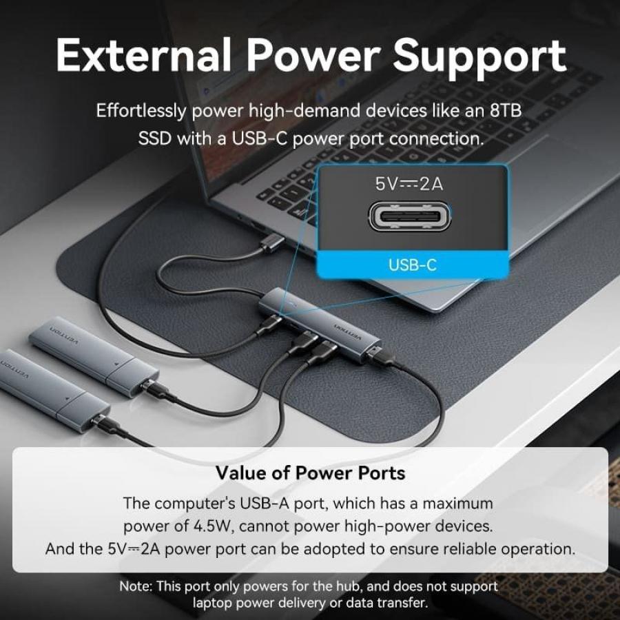 Hub USB 3.0 Vention TGXHB/ 1xUSB Tipo-C/ 3xUSB/ 1xUSB Tipo-C PD/ Gris