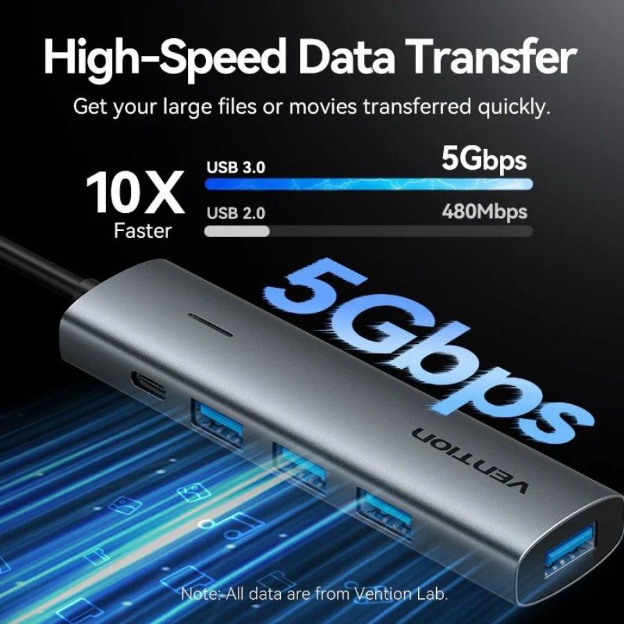 Hub USB Tipo-C 3.0 Vention TGZHB/ 3xUSB/ 1xUSB Tipo-C PD/ Gris