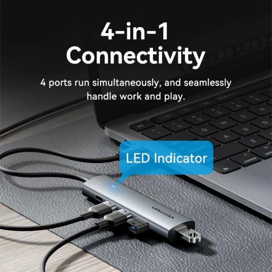 Hub USB Tipo-C 3.0 Vention TGZHB/ 3xUSB/ 1xUSB Tipo-C PD/ Gris