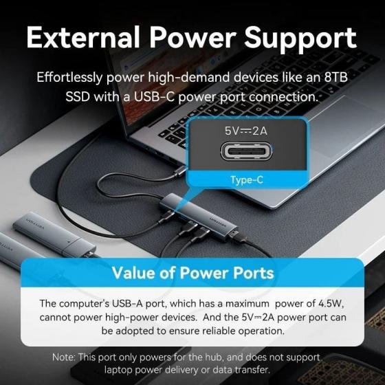 Hub USB Tipo-C 3.0 Vention TGZHB/ 3xUSB/ 1xUSB Tipo-C PD/ Gris
