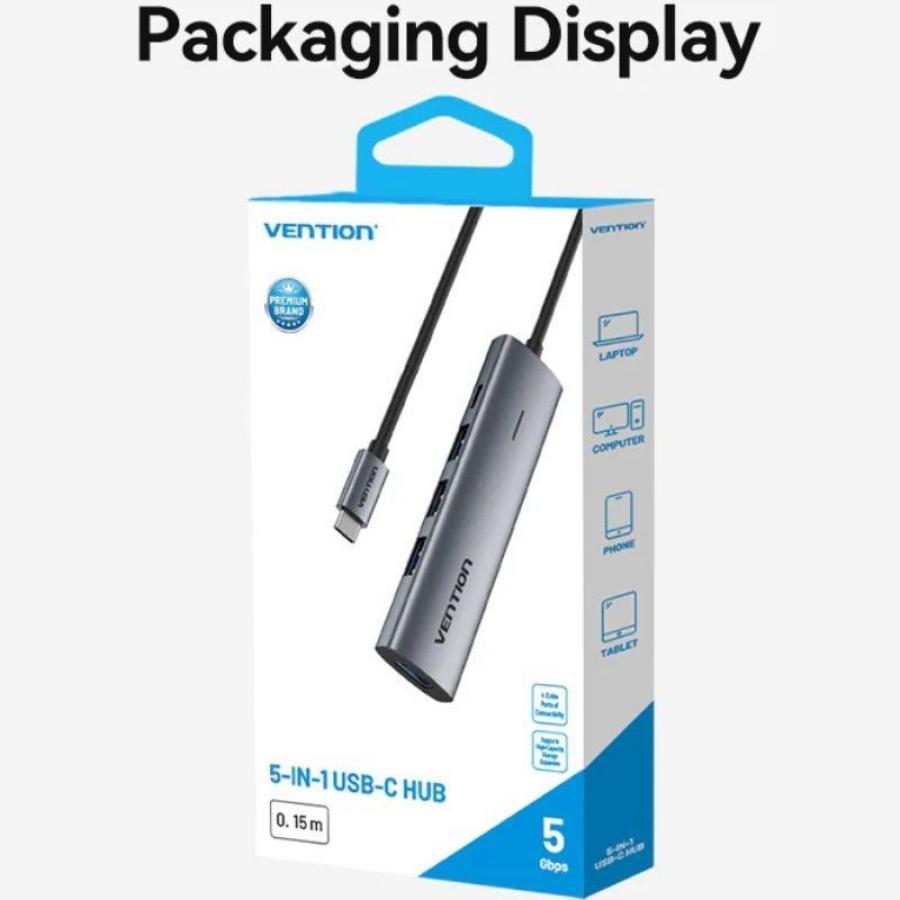Hub USB Tipo-C 3.0 Vention TGZHB/ 3xUSB/ 1xUSB Tipo-C PD/ Gris
