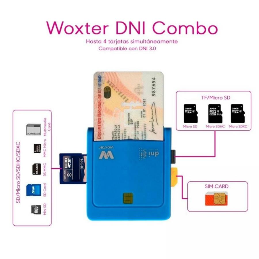 Lector de DNI y Tarjetas Woxter Combo PE26-146/ Azul/ USB 2.0/ Azul