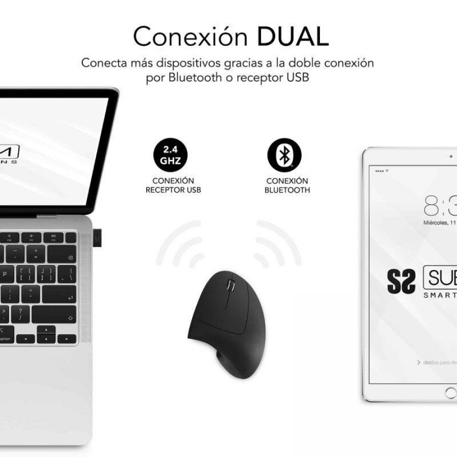 Ratón Vertical Inalámbrico por Bluetooth/ 2.4GHz Subblim Glide Vertical Ergo Dual Battery/ Batería Recargable/ Hasta 1600 DPI/ N