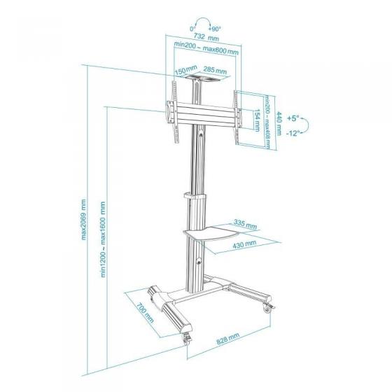Soporte de Suelo Inclinable/ Ajustable con Ruedas TooQ FS1870M-B para TV de 37-70'/ hasta 50kg