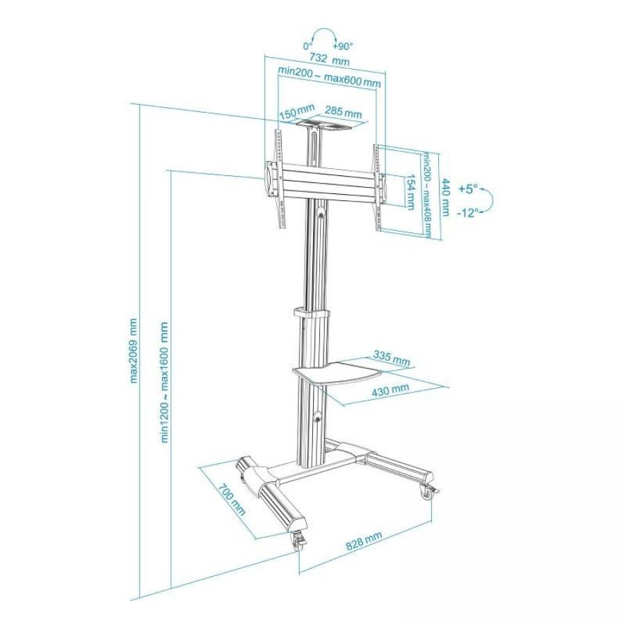 Soporte de Suelo Inclinable/ Ajustable con Ruedas TooQ FS1870M-B para TV de 37-70'/ hasta 50kg
