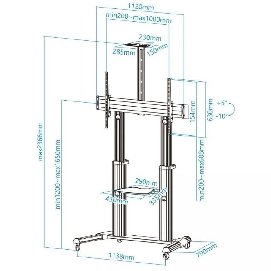 Soporte de Suelo Inclinable/ Ajustable con Ruedas TooQ FS20300M-B para TV de 60-100'/ hasta 100kg