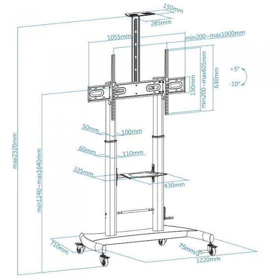 Soporte de Suelo con Ruedas Inclinable/ Nivelable TooQ FS20404HM-B para TV de 60-100'/ hasta 100kg