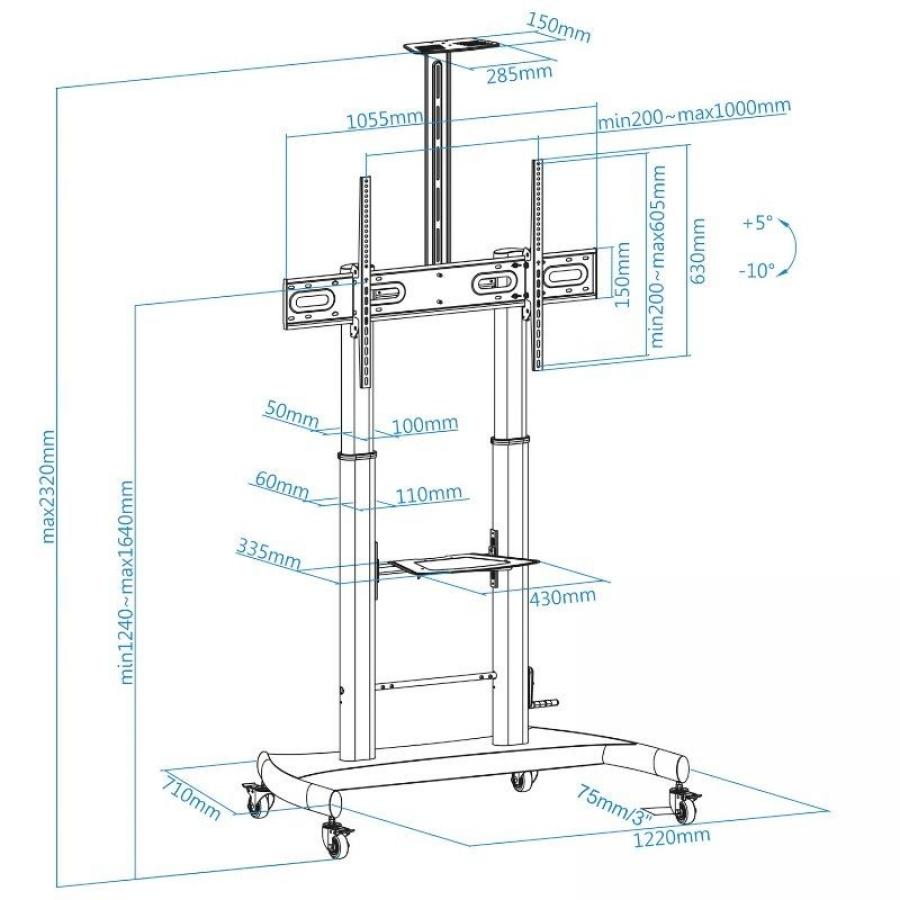Soporte de Suelo con Ruedas Inclinable/ Nivelable TooQ FS20404HM-B para TV de 60-100'/ hasta 100kg