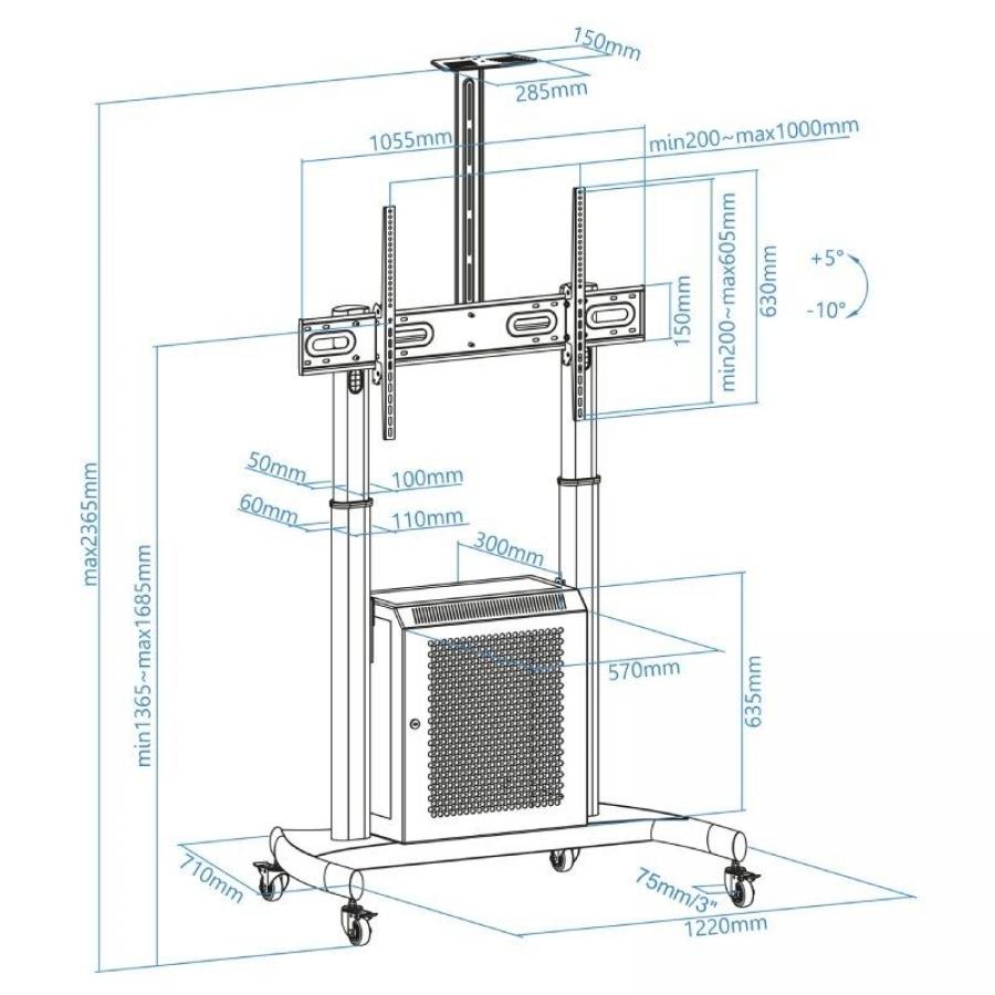 Soporte de Suelo Inclinable con Ruedas TooQ Narnia FS20500M-B para TV de 60-100'/ hasta 100kg