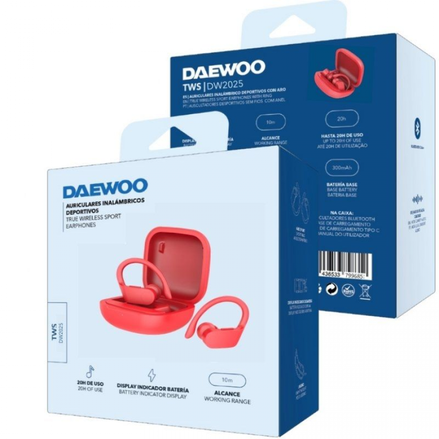 Auriculares Deportivos Bluetooth Daewoo DW2025 con estuche de carga/ Autonomía 5h/ Rojos