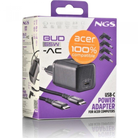 Cargador GaN de Portátil NGS BUD65W-AC para Acer/ 1xUSB Tipo-C/ 65W/ Automático/ 4 Conectores/ Voltaje 5-20V
