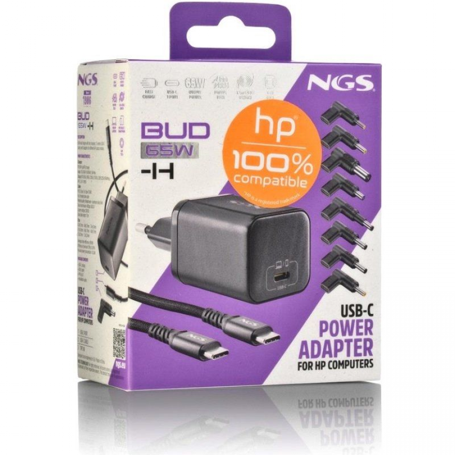 Cargador GaN de Portátil NGS BUD65W-H para HP/ 1xUSB Tipo-C/ 65W/ Automático/ 8 Conectores/ Voltaje 5-20V