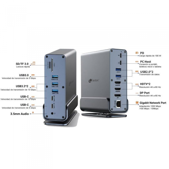 Docking USB Tipo-C Leotec LEDS06/ 5xUSB/ 2xUSB Tipo-C/ 1xUSB Tipo-C PD/ 1xDisplayPort/ 2xHDMI 4K/ 1xRJ45/ 1xJack 3.5/ 1xLector d