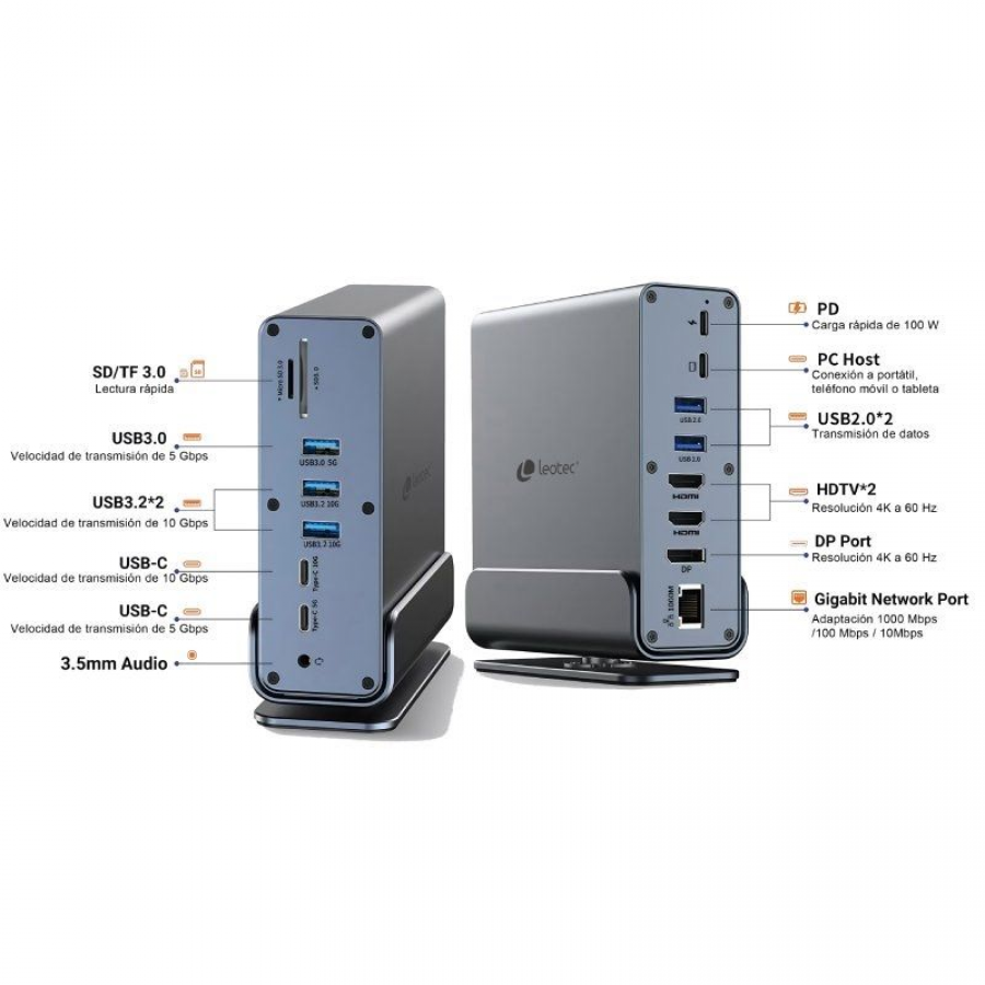 Docking USB Tipo-C Leotec LEDS06/ 5xUSB/ 2xUSB Tipo-C/ 1xUSB Tipo-C PD/ 1xDisplayPort/ 2xHDMI 4K/ 1xRJ45/ 1xJack 3.5/ 1xLector d