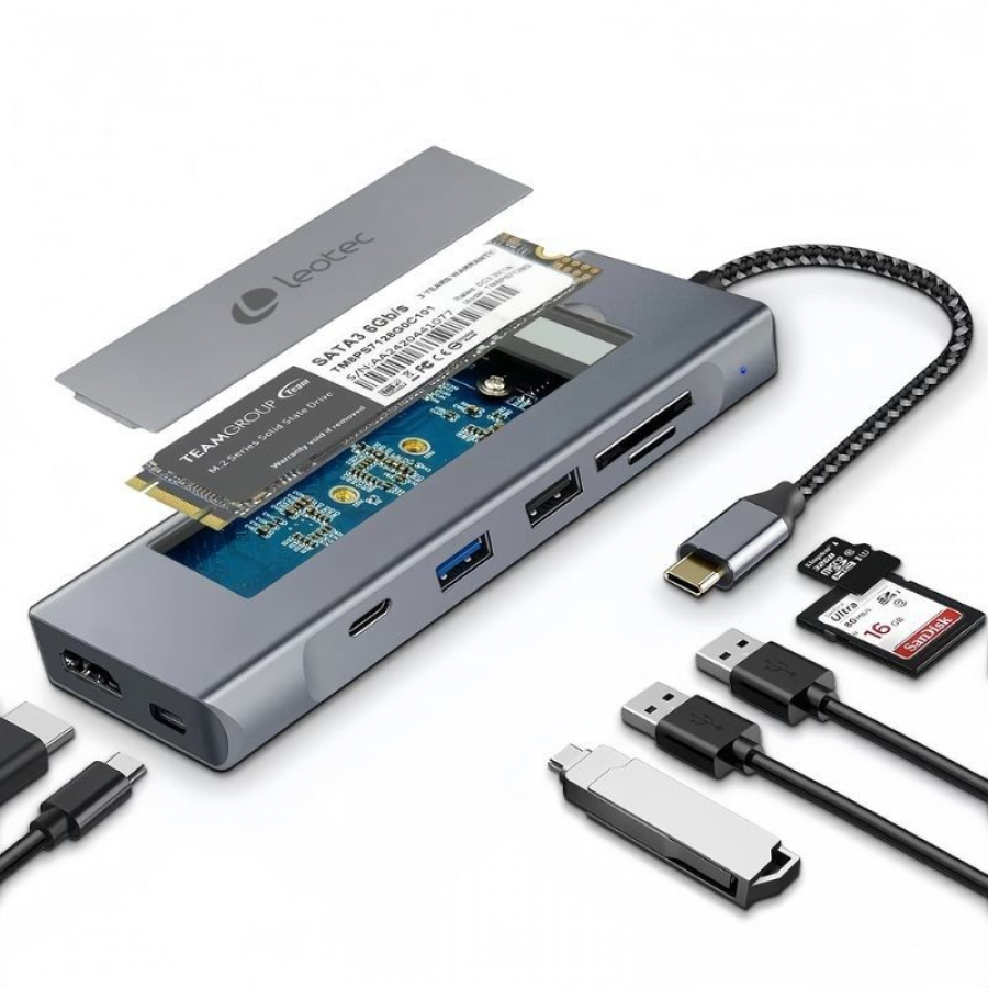 Docking USB Tipo-C Leotec LEDS07/ Ranura SSD M.2/ 2xUSB/ 1xUSB Tipo-C/ 1xHDMI 4K/ 1xLector Tarjetas SD y MicroSD/ 1xUSB Tipo-C P