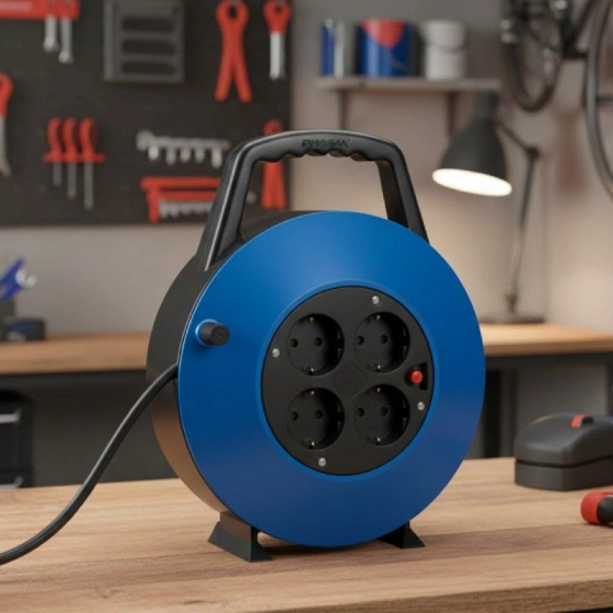 Regleta enrollable Phasak BN 3411/ 4 Tomas de Corriente/ Cable 10m/ Azul