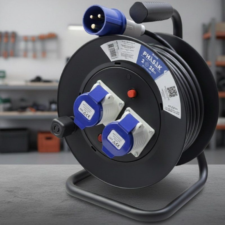 Regleta enrollable Phasak BN 3475/ 2 Enchufe industrial 2P+TT/ Cable 25m/ Negro y Azul